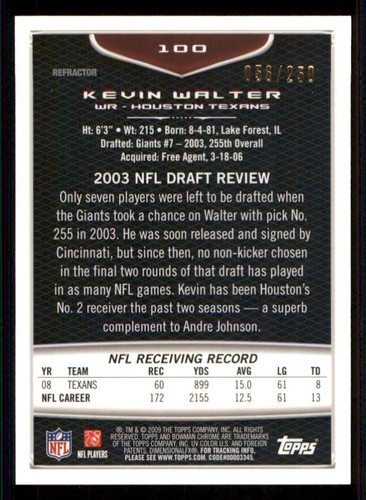 2009 Bowman Chrome Xfractors #100 Kevin Walter /250 - Picture 2 of 2