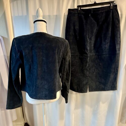 Margaret Godfrey Navy Blue Suede Leather Skirt Suit Jacket Skirt Sz 16 Women - Picture 4 of 14