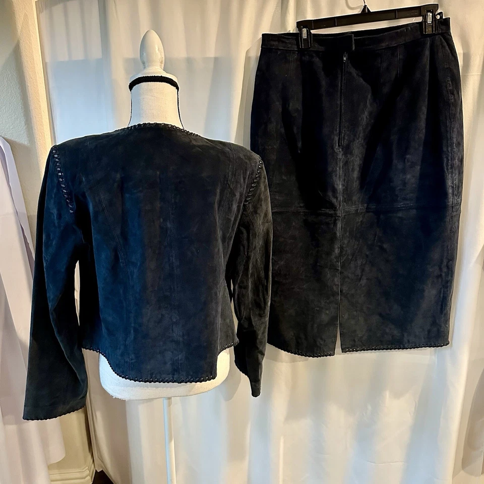 Margaret Godfrey Azul Marino Gamuza Cuero Falda Traje Chaqueta Falda Talla 16 Mujeres Foto 4 de 4