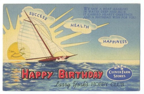 HAPPY BIRTHDAY Clover Farm Stores 1949 LEINEN - SEGELBOOT & SONNE - Cleveland OH - Bild 1 von 2