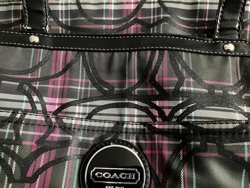 COACH Poppy Signature Black Tartan Plaid Canvas Shoulder Bag Travel Tote-F17708 - Picture 15 of 21