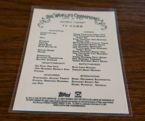 2020 Topps Chrome Allen Ginter #74 Ty Cobb Base Card Detroit Tigers HOF - Picture 2 of 2