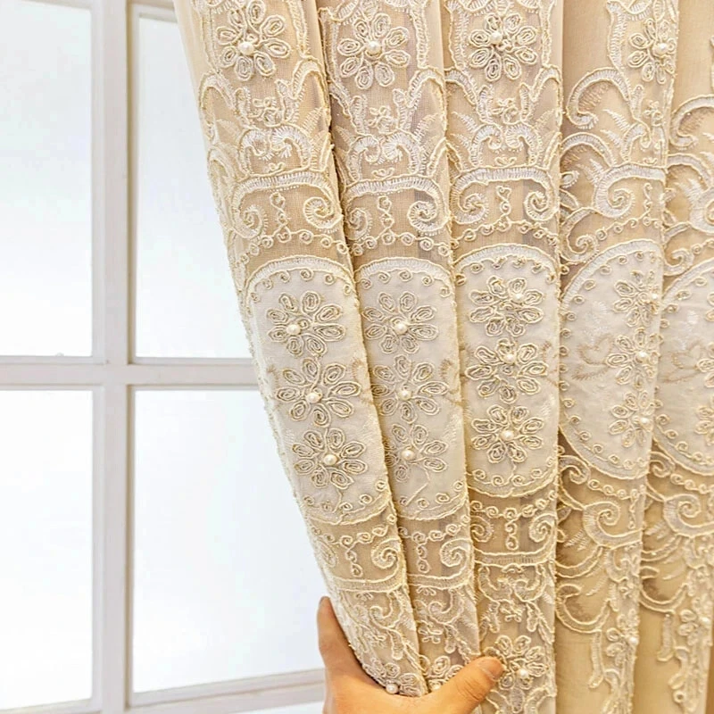 Cortinas oscuras de doble capa bordadas con flores de lujo cortinas de tul transparente Foto 3 de 4