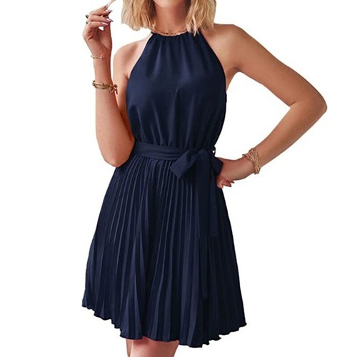 Womens Elegant Sleeveless Tie Back Halter Solid Color Belted Pleated Flowy Dress - Bild 19 von 48
