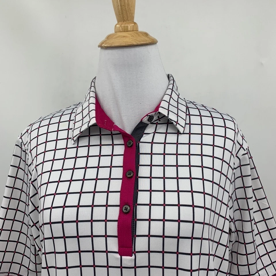 Polo deportivo Haley para mujer M mediano blanco rosa manga corta a cuadros golf Foto 3 de 4
