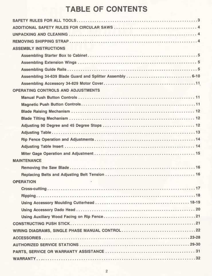Tilting Arbor Unisaw Operator Instruction Maint Manual Fits Delta 10 inch 34-829 - Image 3 of 4
