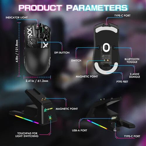ATTACK SHARK X1 Tri-Mode Gaming Maus, PAW3395PRO X11 UPGRADE Touchpad RGB Dock - Bild 9 von 58