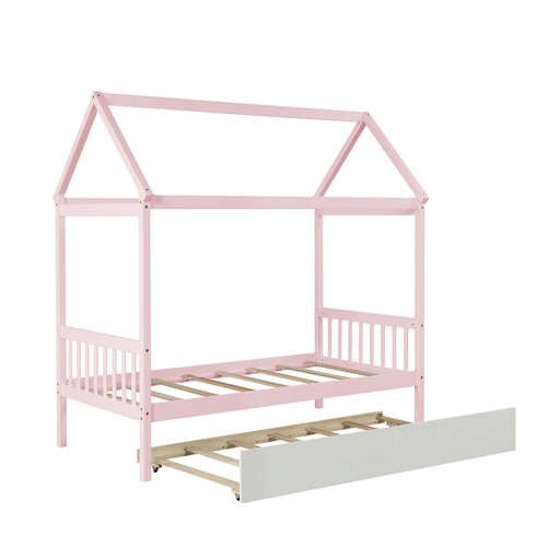Twin Size Bed Frame Wood Bed Platform with Trundle House Bed Frame White/ Pink - Picture 5 of 29