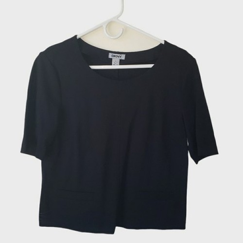 DKNY Top Womens Medium Black Short Sleeve Round Neck Jersey Viscose Knit Pockets - Picture 3 of 9