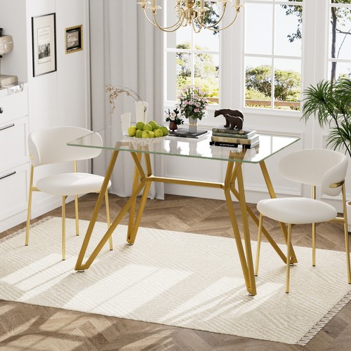 47.3"x29.5"Rectangular Tempered Glass Dining Table Kitchen Table Gold Metal Legs - Picture 5 of 13