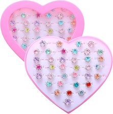 36pcs Little Girl Rhinestone Gem Rings,Adjustable,Random Color Style Diamond Kid