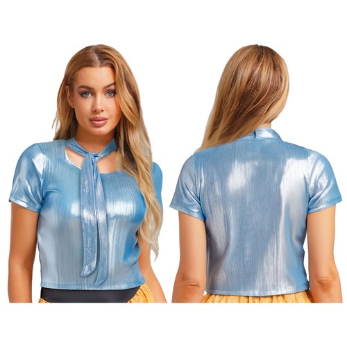 Women's Blouse Stylish Tops Round Neck T-shirt Costume Lingerie Disco Tank 80s - Picture 77 of 117