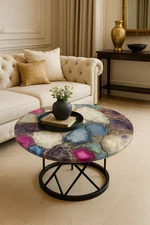 Mix Agate Coffee Table Top – Natural Stone Resin Inlay, Unique Home Décor Top