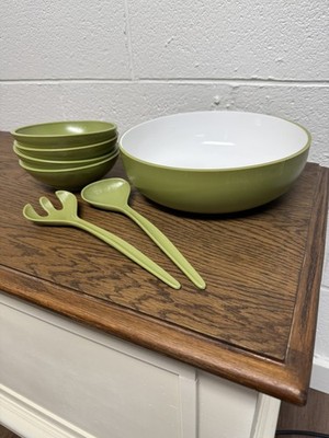 Vintage Regaline Avocado Green  Plastic Salad Bowl Set W/ Bowls And Utensils USA