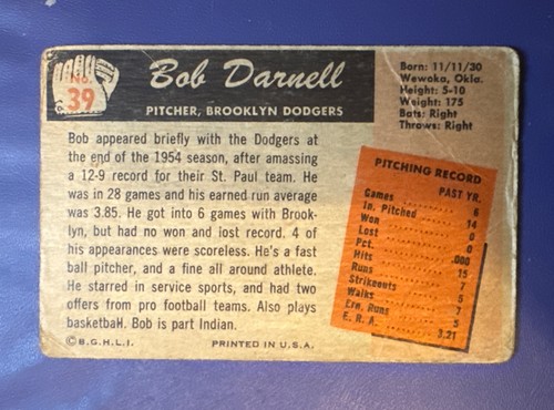 1955 BOWMAN #39 BOB DARNELL RC BROOKLYN DODGERS PITCHER  *FREE SHIPPING* - Picture 2 of 2