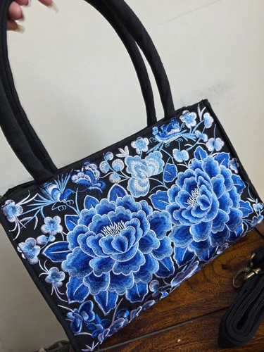 Blue black bag Embroidered Cotton Canvas Handbag Shoulder Bag New Without Tag - Picture 8 of 8