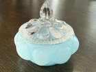 Fenton Art Glass Melon Blue Overlay Puff Powder Box Jar with Clear Lid Vintage