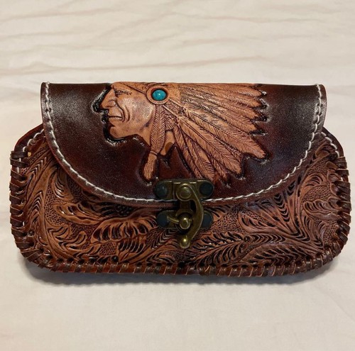 Carving Cowhide Leather iPhone Case Indian Turquoise Belt Loop Handmade