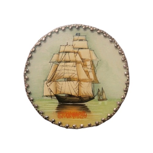 Antigua caja de baratijas de barco pintada a mano y firmada espejo en el interior pieza rara