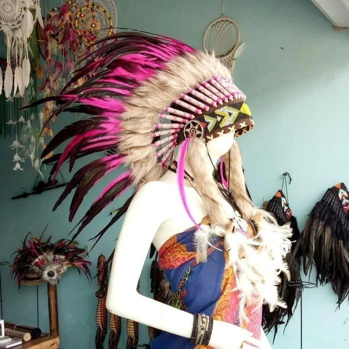 Disfraz de Fiesta de Carnaval Sombrero Warbonnet Pluma Jefe Indio Tocado Rosa Pequeño Foto 2 de 4