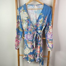 Spell & The Gypsy Wrap Mini Dress Womens Medium Blue Floral Long Sleeve Tie Side