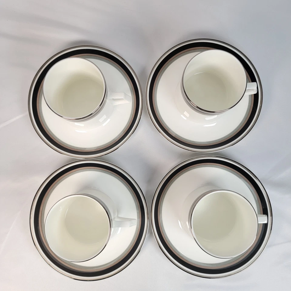 4 juegos (8 piezas) tazas y platillos Mikasa Noir A4102 Bone China negro plata blanco Foto 2 de 4