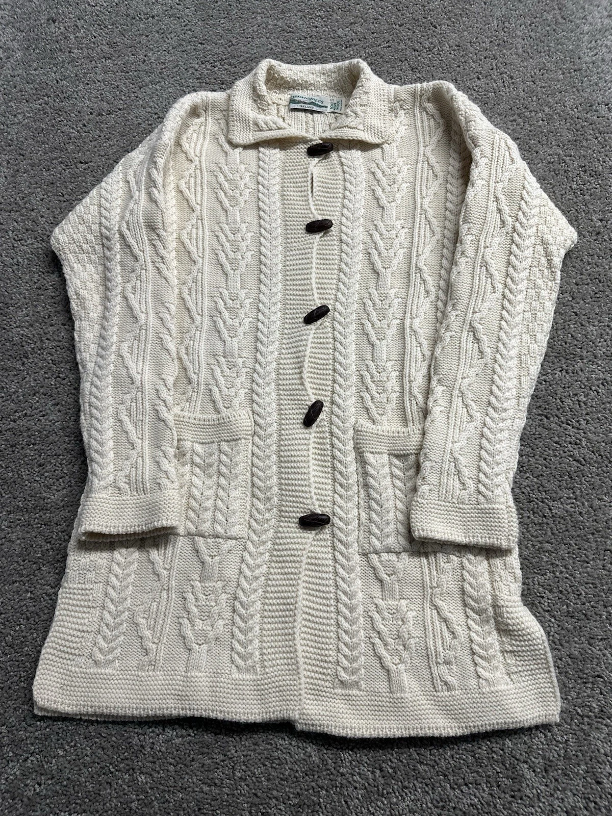 ARAN CRAFTS IRELAND MERINO WOOL LONG CARDIGAN SWEATER SMALL TOGGLE BUTTON CREAM