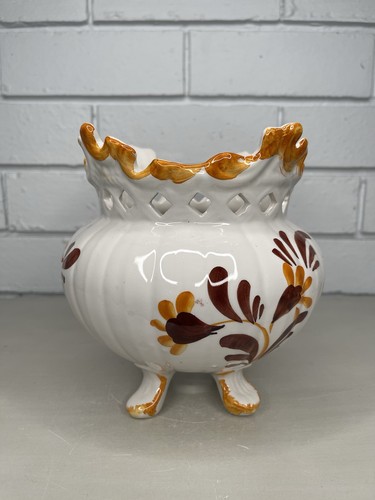 VTG Italian Pottery Jardinière Footed Planter Ornate Reticulated Floral Painted - Picture 3 of 9