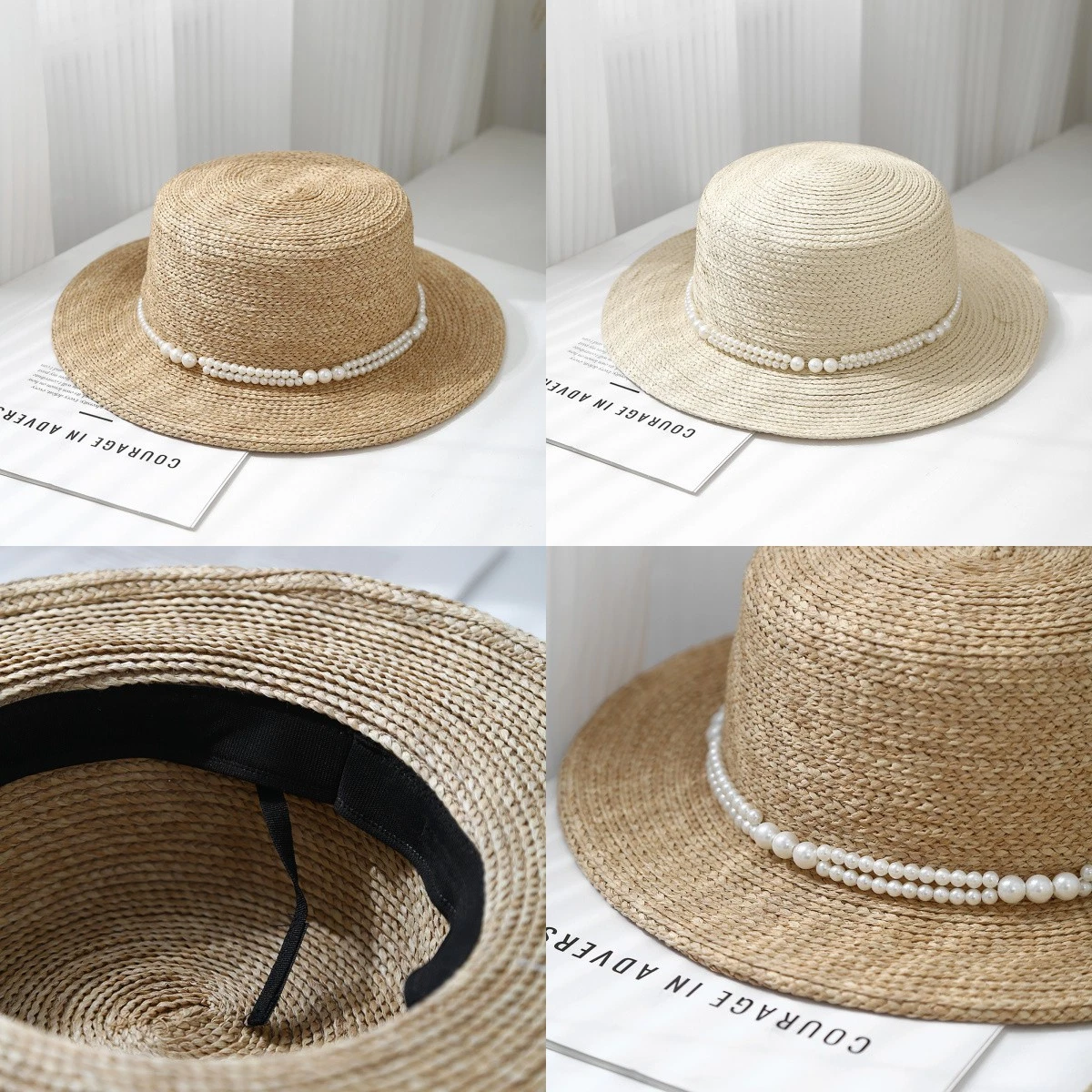 Fashion Women Flat Top with Pearls Band Straw Hat Wide Brim Summer Beach Sun Cap