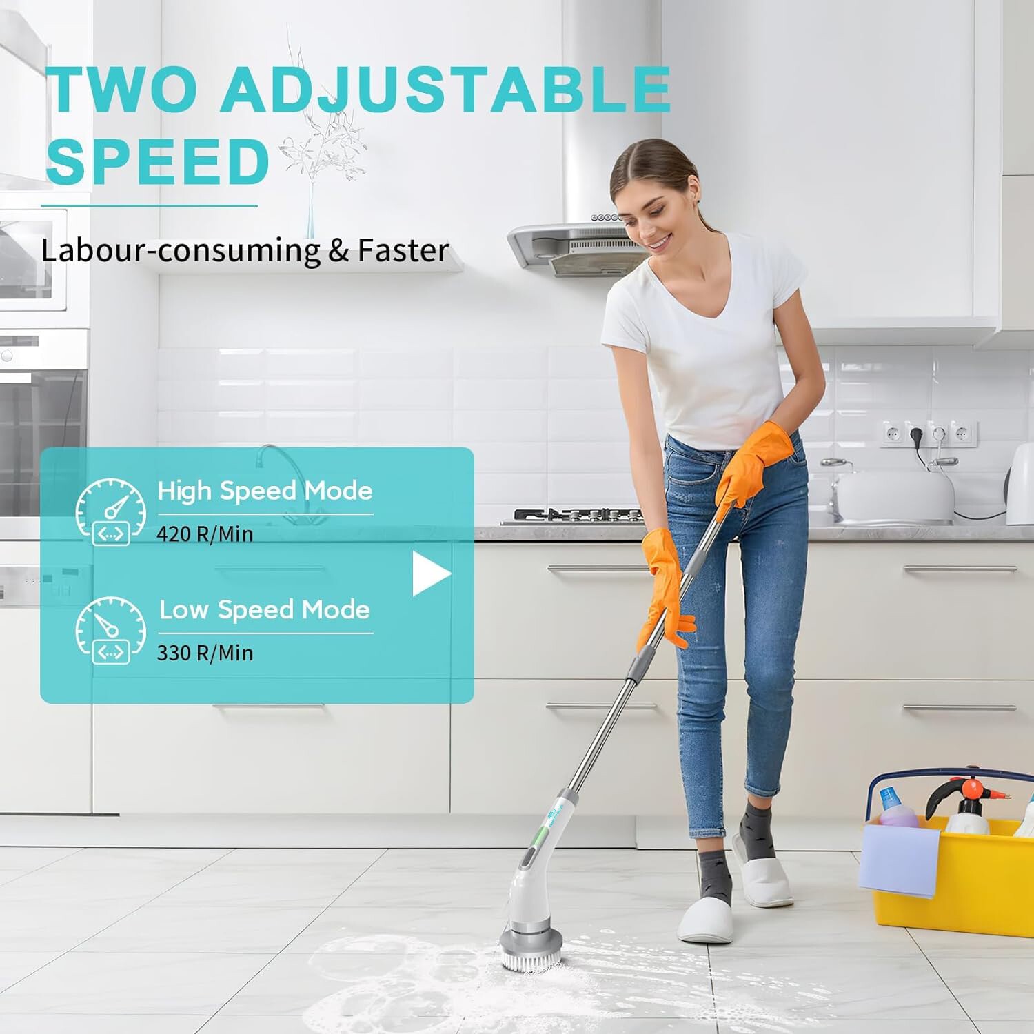 Electric Spin Scrubber Cordless Cleaning Brush 8 Heads Adjustable Long Handle