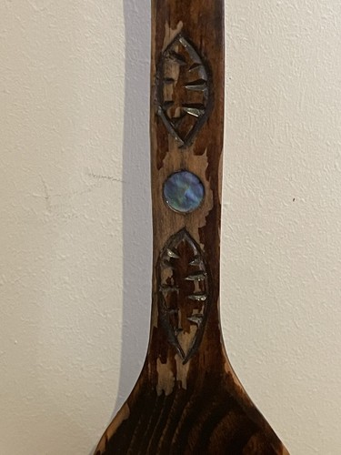 Vintage Maui Tiki Hand Carved Wooden Spoon & Fork - Paua Shell Eyes - Picture 5 of 8