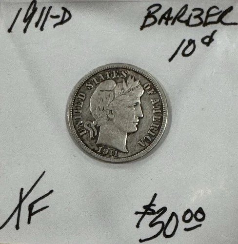1911-D Barber Silver Dime 10C  Free Shipping