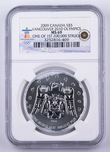 Certified 2009 Canada Silver $5 Vancouver 2010 Olympics NGC MS69 