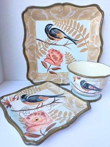 Certified International Jennifer Brinley Antiqua Postmark Blue Gold Bird 3 Piece - Picture 1 of 12