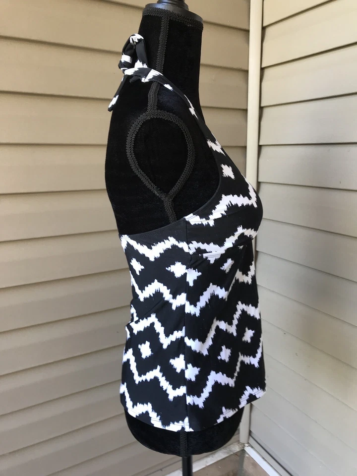 Chaps 全新无标签女式黑色/白色几何三明治游泳上衣;尺寸 8。 — 第 4/4 张图片