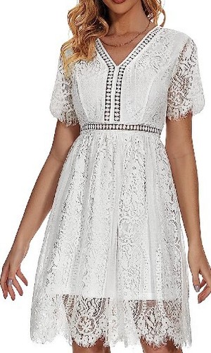 Women V Neck Floral Lace Wedding Dress Short Sleeve Party Bridesmaid XL White