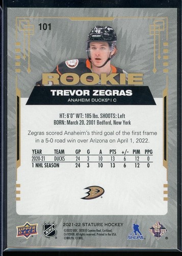 2021-22 Upper Deck Stature #101 Trevor Zegras RC 326/399 - Picture 2 of 2
