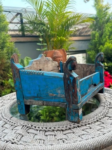 Antique 1800's Wooden Hand Carved Horse Figure Blue Painted Temple Singhasan - Picture 9 of 17