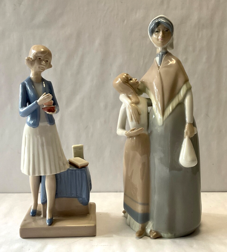 Pair Vintage Spain Porcelain 8” Sales Lady and 9.75” Mother & Daughter Figurines - Picture 1 of 12