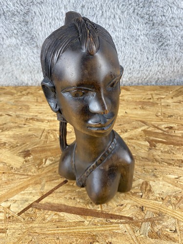 Escultura tribal busto cabeza mujer tallada a mano africana vintage 10" de alto
