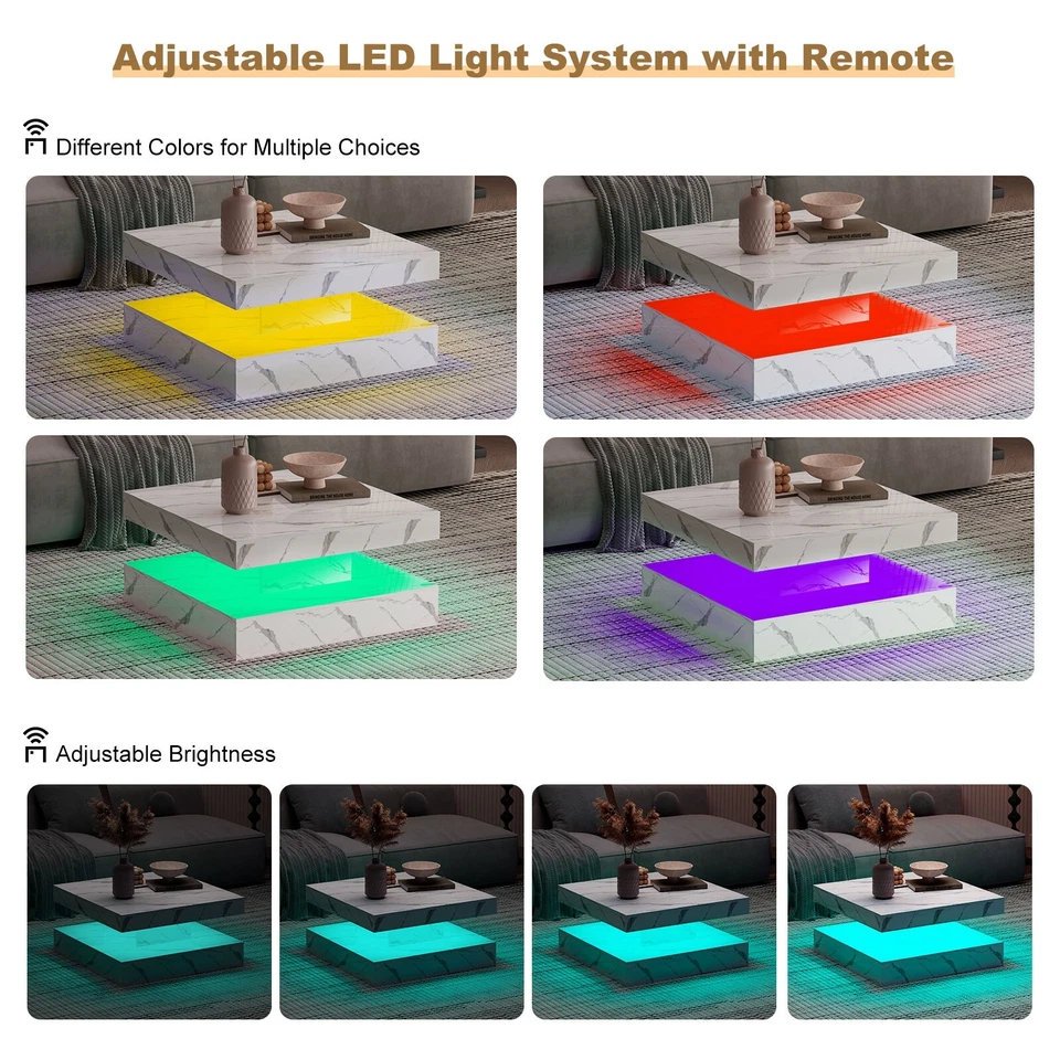 High Gloss Coffee Table for Living Room Square Side Table LED Light Furniture US - Image 3 of 4