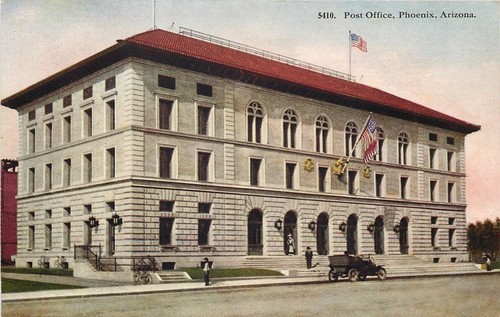 Phoenix Arizona ~ Bandera en ángulo sobre la oficina de correos de bellas artes ~ Postal de 1910