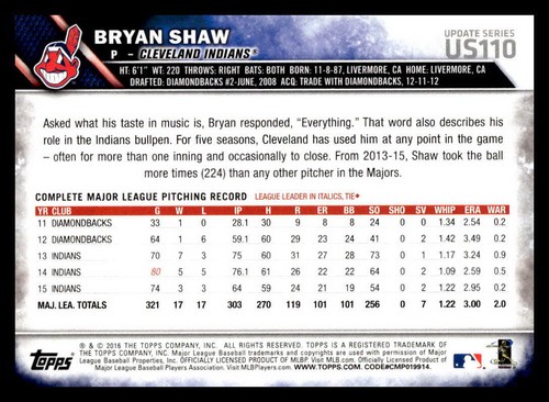 2016 Topps Update Bryan Shaw US110 Cleveland Indians - Picture 2 of 2