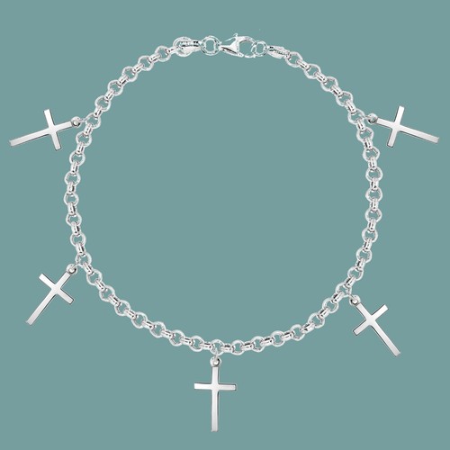 Brazalete de plata esterlina mini colgante cruz encanto eslabón Rolo 7 pulgadas - Imagen 2 de 4