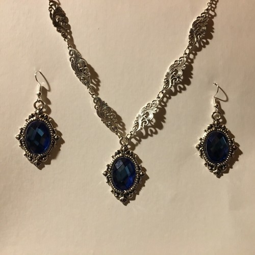 VICTORIAN STYLE BLUE FACETED GLASS crystal SILVER PLATED PENDANT NECKLACE FRAME - Picture 7 of 8