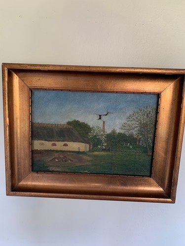 Antique Danish? Framed Farmhouse Landscape Signed Oil on Canvas,Damaged Canvas, - Picture 1 of 17