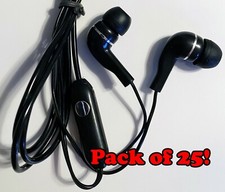 Bulk Pack of 25 Black/Silver Headset Earbuds w/ Microphone INDIVIDUALLY WRAPPED