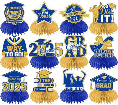12Pcs Blue and Gold Graduation Decorations Hoenycomb Centerpieces 2025 Glitte...