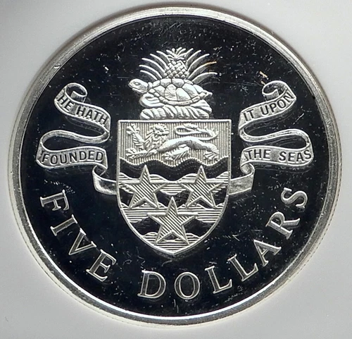 1974 CAYMAN ISLANDS 4.2cm Proof Silver $5 Coin w Queen Elizabeth II NGC i80052