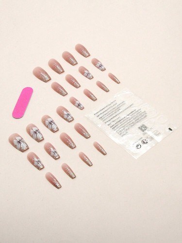 24pcs Long Coffin Floral Glitter Fake Nail False Nails Press On Nails Glue On - Picture 3 of 6